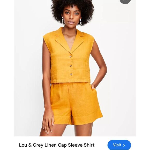 Lou & gray 100% linen yellow button up collared medium TOP ONLY - Picture 1 of 5